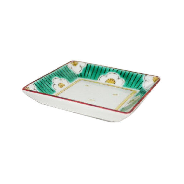 Kutani Yaki Hand-Drawn Japanese and Western Tableware 9cm Square Dish with White Plum Design