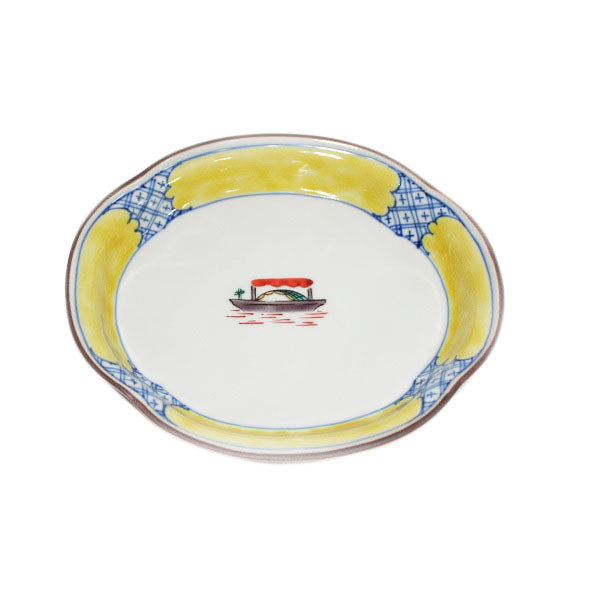 Kutani Yaki Hand-painted Kutani Ware, Western-style Tableware, Rosanjin Utsuji, Joukou Dish with Boat Design
