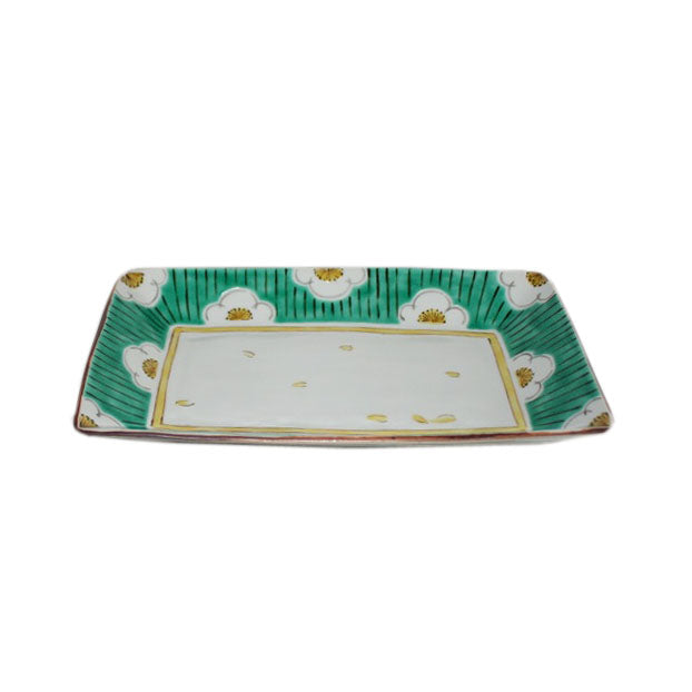 Kutani Yaki ware of hand-painted Japanese and Western tableware, 24cm long dish with white plum design