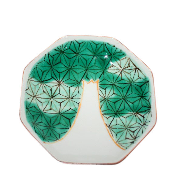 Kutani Yaki Hand-Drawn Tableware for Western Countries 12cm Octagonal Dish with Design of Fuji (Green)