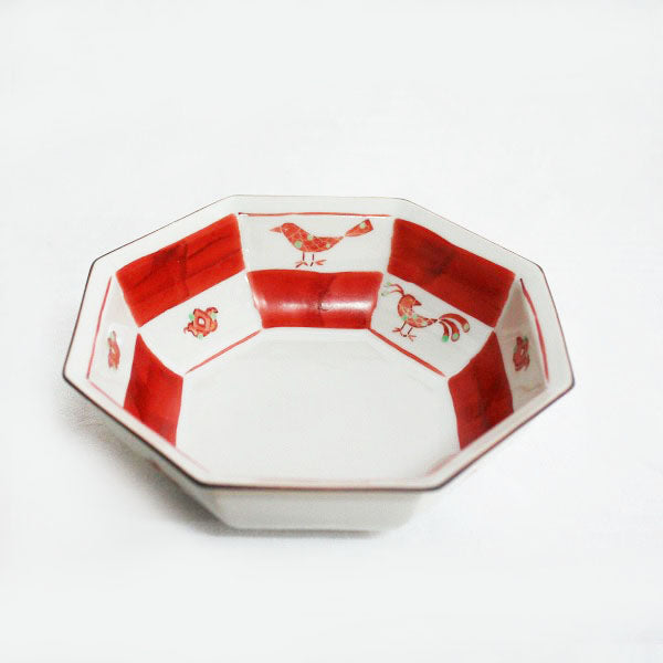 Kutani Yaki Hand-Drawn Japanese and Western Tableware Octagonal Bowl with Bird Design