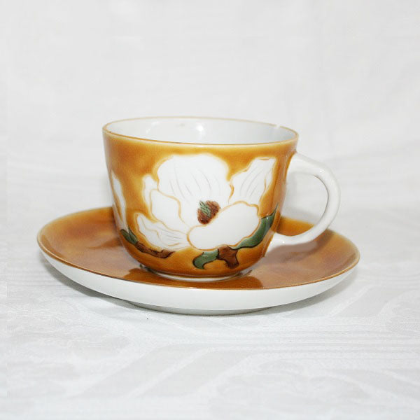 Kutani Yaki Hand-Drawn Japanese & Western Tableware Morning Cup with White Flower Design on Yellow Ground C/S