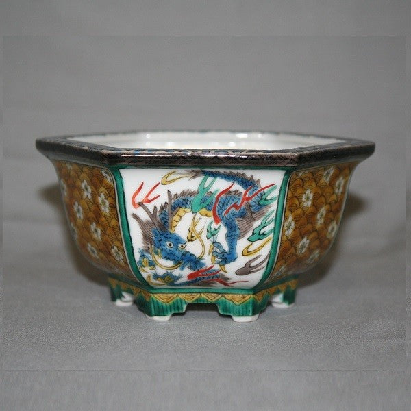 Kutani Yaki Hand-painted Kutani-Ware Flowerpot, Dragon Design, No. 4, Octagonal Bowl